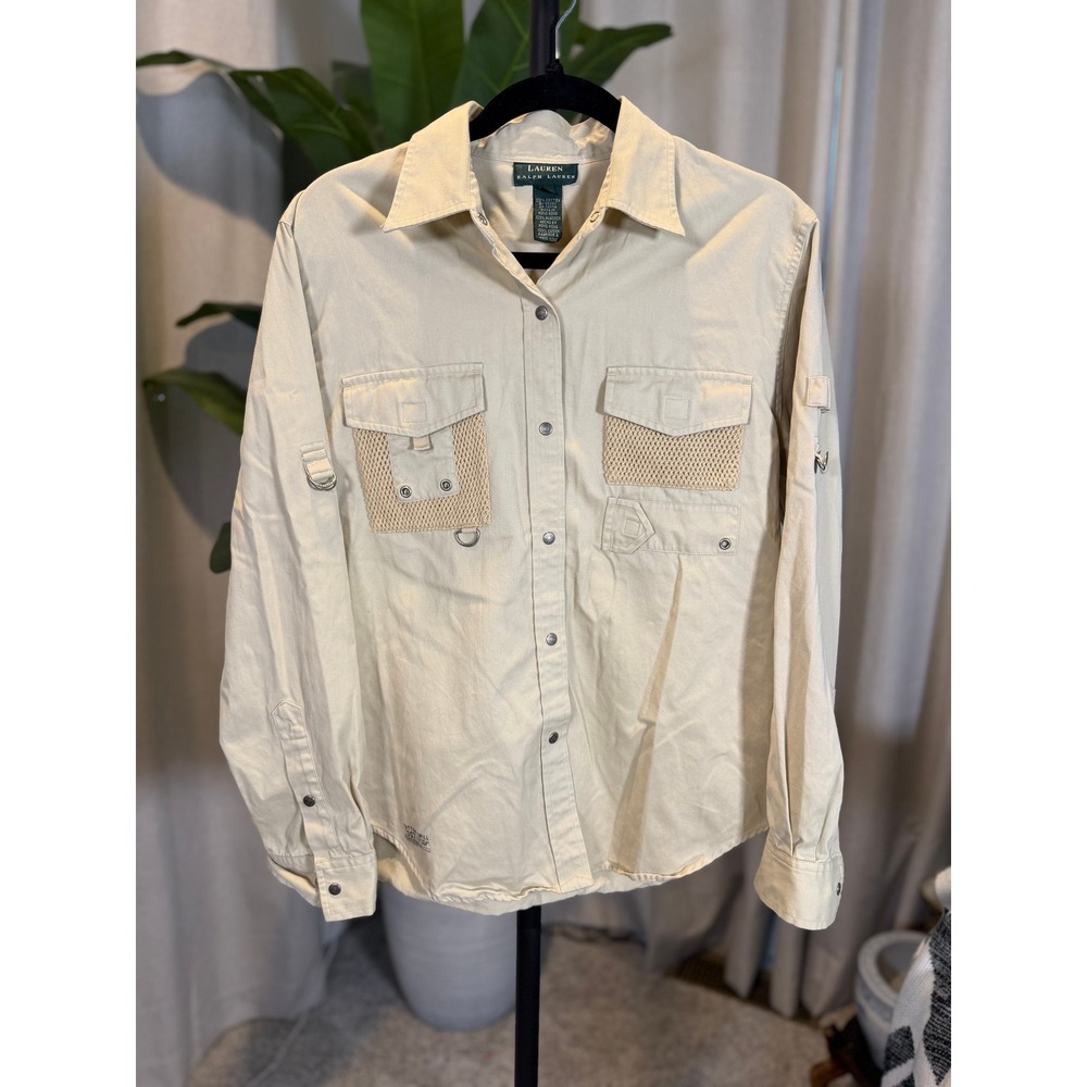 Lauren Ralph Lauren Khaki Cotton Twill Utility Safari Shirt Mesh Pockets Size M